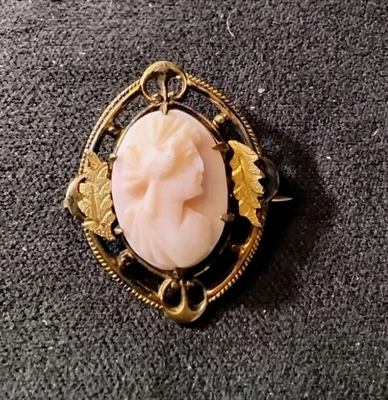 Antique Victorian Era Angel Skin Coral Hi-profile Gold Washed Cameo Brooch - Image 1 of 4