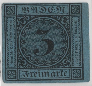 GERMANY BADEN 1858 SCOTT #8 3KR. BLACK ON BLUE IMPERF NEAT 4 CLEAR MARGINS - Picture 1 of 2