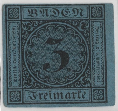 GERMANY BADEN 1858 SCOTT #8 3KR. BLACK ON BLUE IMPERF NEAT 4 CLEAR MARGINS - Image 1 of 2