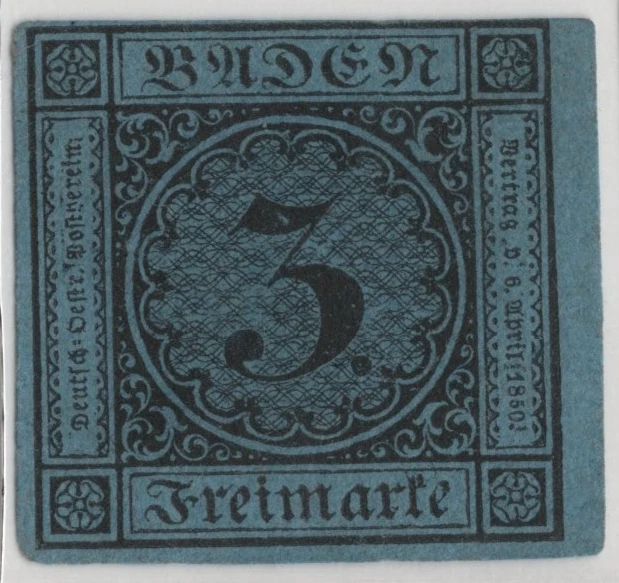 GERMANY BADEN 1858 SCOTT #8 3KR. BLACK ON BLUE IMPERF NEAT 4 CLEAR MARGINS - Image 1 of 2