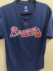 Majestic Atlanta Braves 10 Jones T Shirt Men’s Blue Bold Front Size Logo - Picture 1 of 5