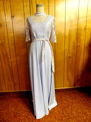 Vestido maxi vintage 1970 poliéster lavanda com renda cintura hippie 29" - Imagem 1 de 4
