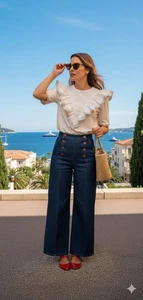 Saylor Ruffle Trim White Denim Top M Paris Nautical Coastal  European Vacation - Picture 1 of 10