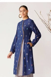 Abito tunica PAYAL PRATAP Anthropologie ricamo fiori asimmetrico placket TG M - Foto 1 di 12
