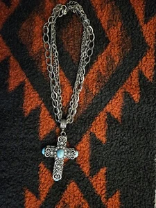 Big Southwest Cross, Heavy With 4 Chains, Rhinestones & Imitation Turquoise - Picture 1 of 5