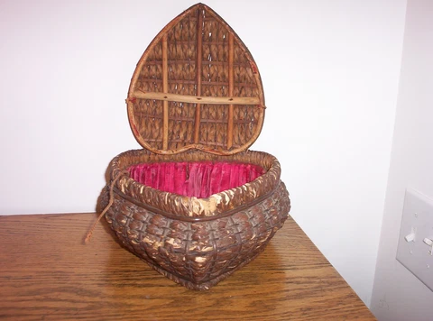 Antique Vintage Heart Shaped Wicker Sewing Basket German ? Cover