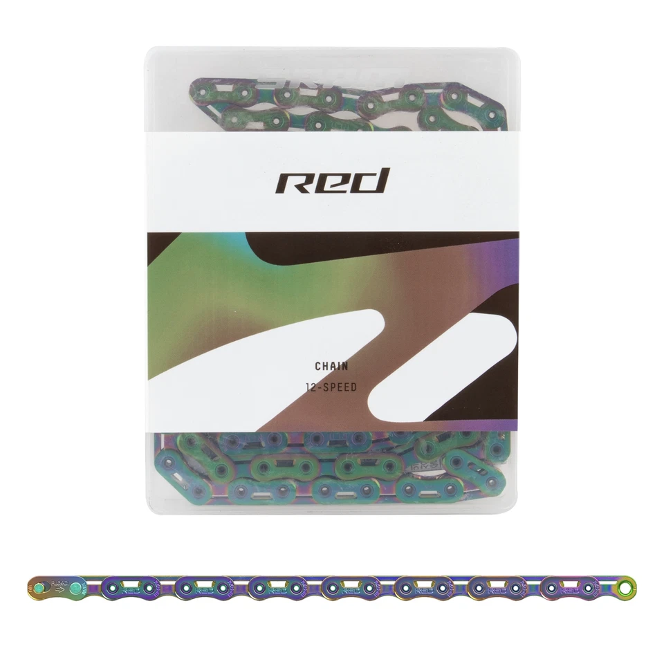 Cadena plana SRAM ROJA - 12/13 velocidades, 126 eslabones, tapa plana, PowerLock, arco iris, E1 Foto 1 de 1