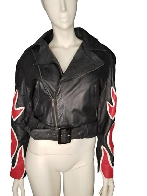 WhereMi Michael Hoban 1991 north beach Flames Fire Leather Motorcycle Jacket M - Image 1 of 4