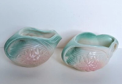 Vintage 1940s McCoy Daisy Creamer and Open Sugar Bowl Set Pink and Green - Image 1 of 4