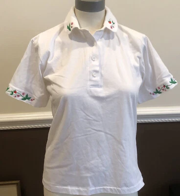 Camisa polo de golf vintage David Smith para mujer talla pequeña blanca bordada flores SS Foto 1 de 4