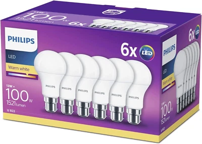 PHILIPS LED B22 Frosted 6 Pack Light Bulbs - 13 W (100 W) [Warm White] Eyecomfor - Image 1 of 3