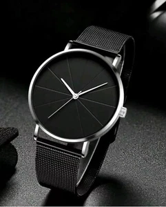 Damen Frauen Quarzuhr Uhren minimalistisches Mesh-Armband... schwarz & silber UK - Bild 1 von 3