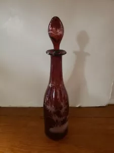 Late 1800's Etched Cranberry Glass Foxhound in Forest Motif Decanter - Picture 1 of 7