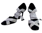 Bertie Heels Sandals Ribbon Tie Up Black Leather Grey Square Toe UK 4.5 Retro