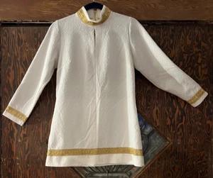 Vintage 1960s Babydoll Dress Tunic Mod Mini White With Gold Trim Slit In Front - Picture 1 of 5