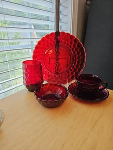 5 Pc Place Setting Of Bubble Ruby Depression Glass By Anchor Hocking - Picture 1 of 9