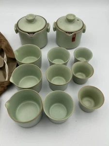 Vintage Japan Travel Tea Set  Celadon Green Pottery Bag 11 pcs Marked - Picture 1 of 7