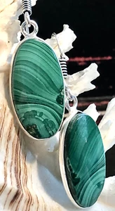Natural Malachite Gemstone Drop Dangle Earrings Oval .925 Sterling Silver 1 5/8" - Picture 1 of 7