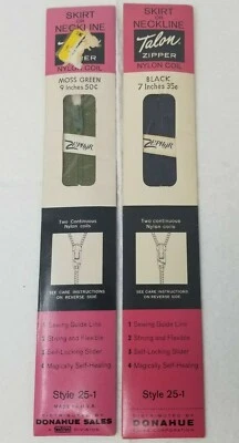Talon Zippers Skirt or Neckline Moss Green 9" Black 7" Vintage Set of 2  - Image 1 of 4
