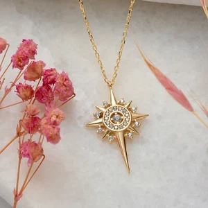 North Star Necklace, Tiny Gold Star Pendant, 14K Solid Gold Celestial Necklace - Picture 1 of 7