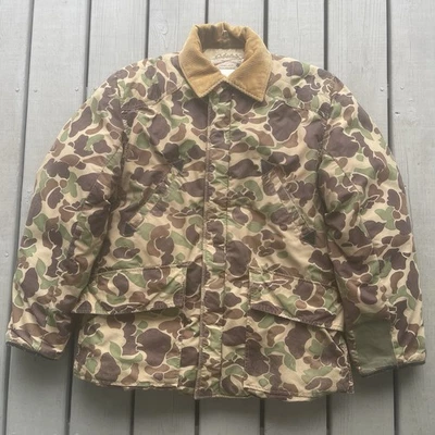 VTG Cabela's Duck Camo Down Hunting Jacket Size L Corduroy Collar Outdoor. Fair - Image 1 of 4