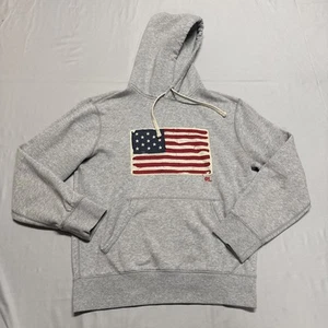 Y2K Ralph Lauren Polo American Flag Hoodie Gray Sewn Small Pullover Sweatshirt - Picture 1 of 12