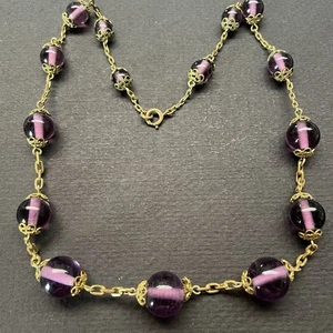 Vintage Lila Amethyst Glasperlen Halskette Messing Kette Antik Lichtpools - Bild 1 von 3