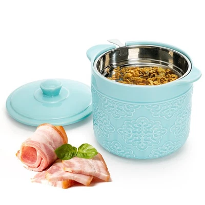 40oz Blue Ceramic Bacon Grease Container, 1200ml, Strainer, Easy-Grip Handle - Image 1 of 4