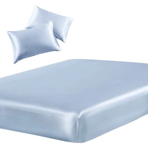 SiinvdaBZX 3-Piece Set Satin Queen Fitted Sheet & 2 Pillowcase, Baby Blue Silky - Picture 1 of 7