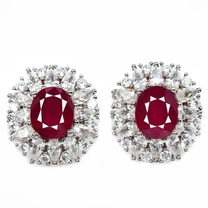 925 STERLING SILVER NATURAL PIGEON BLOOD RED RUBY OVAL & WHITE CZ  STUD EARRING - Picture 1 of 10