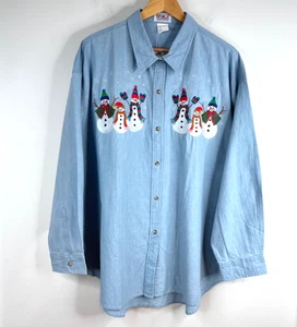 Vintage neu mit Etikett bestickt Weihnachten Denim Knopfleiste 3X Schneemann Urlaub 90er Schneeflocke - Bild 1 von 8