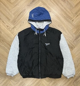 Reebok Vintage 90’s Black Hooded Jacket With Grey Jersey Sleeves Men’s L - Picture 1 of 17