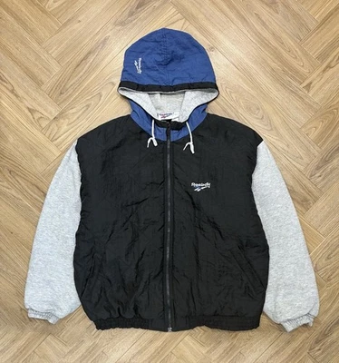 Reebok Vintage 90’s Black Hooded Jacket With Grey Jersey Sleeves Men’s L - Image 1 of 4