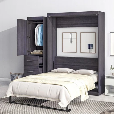 Murphy Bed Full Size with Wardrobe & Drawers, Foldable Storage Bed, Gray - Image 1 of 4