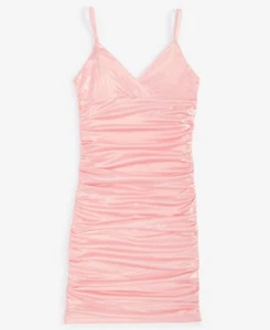 With Jules Metallic Ruched Mini Dress Big Girls L Pastel Pink Surplice Neck - Picture 1 of 15