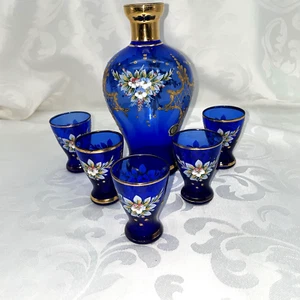 MURANO COBALT BLUE 24K CORDIAL DECANTER & 5 CORDIAL GLASSES - Picture 1 of 10