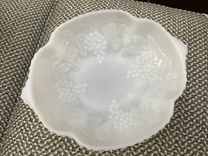 Vintage White Milk Glass Serving dish With Grapes and Leaves Design 8”x8.75” - Picture 1 of 9