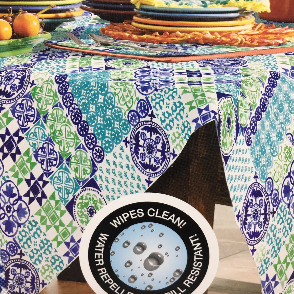 Fiesta Geometric Tablecloth Indoor Outdoor Turquoise Blue Green Summer 60x102 - Image 1 of 4