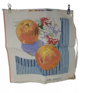 Vintage Jean Smith Orange Blue Stripe Floral Needlepoint Art Canvas Fruit 18" - Picture 1 of 4