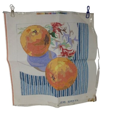 Vintage Jean Smith Orange Blue Stripe Floral Needlepoint Art Canvas Fruit 18" - Image 1 of 4