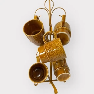 Juego de tazas de café vintage Harvest Gold con soporte árbol Japón flor MCM - Imagen 1 de 15