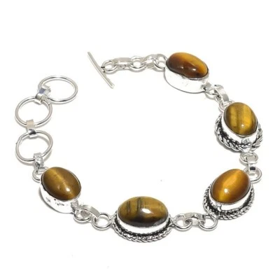 Natural Tiger'S Eye Gemstone Chain Bracelet 925 Sterling Silver For Women - Image 1 of 4