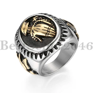 Mens Praying Hands Round Signet Ring Stainless Steel Religious Band Size 7-13 - Picture 1 of 7