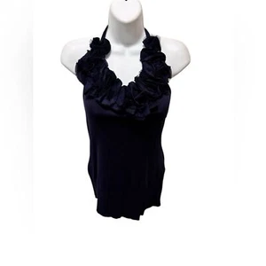 Ralph Lauren Black Label Navy Ruffle Neck Sweater Halter Top Sz L Stretch Knit - Picture 1 of 7