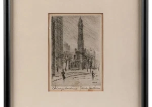 JAMES SWANN MCM Etching WATER TOWER LANDMARK Pencil-Signed LISTED CHICAGO ARTIST - Picture 1 of 7