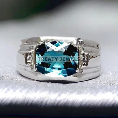 Piedras preciosas de aguamarina de corte cojín con anillo de plata de ley 925 para hombre #149 * Foto 1 de 4