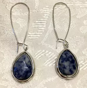 Sodalite Stone Drop Dangle Earrings Silver Tone Pierced 2.25" long - Picture 1 of 5