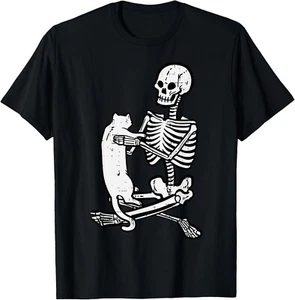 Skeleton Holding Cat Vintage Goth Halloween Men Women Kids T-Shirt - Picture 1 of 1