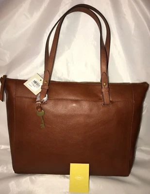 New Fossil Rachel Leather Tote Bag Top Zip Old English Solid Brown MSRP $200.00 - Image 1 of 4