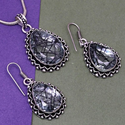 Black Rutile Set  Pendant  Jewelry Earring 18-20'' Gemstone Handmade - Image 1 of 4